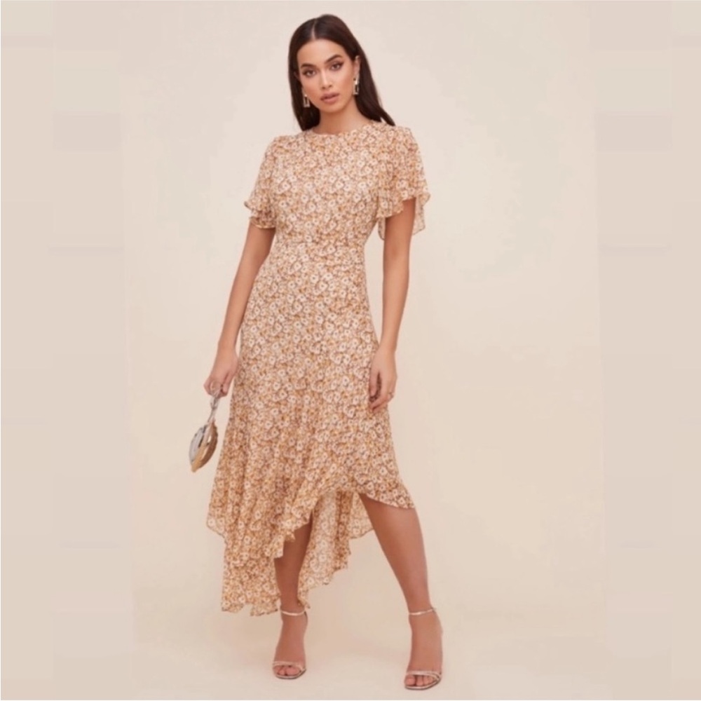 Astr Floral High-Low Midi Dress in Beige and White